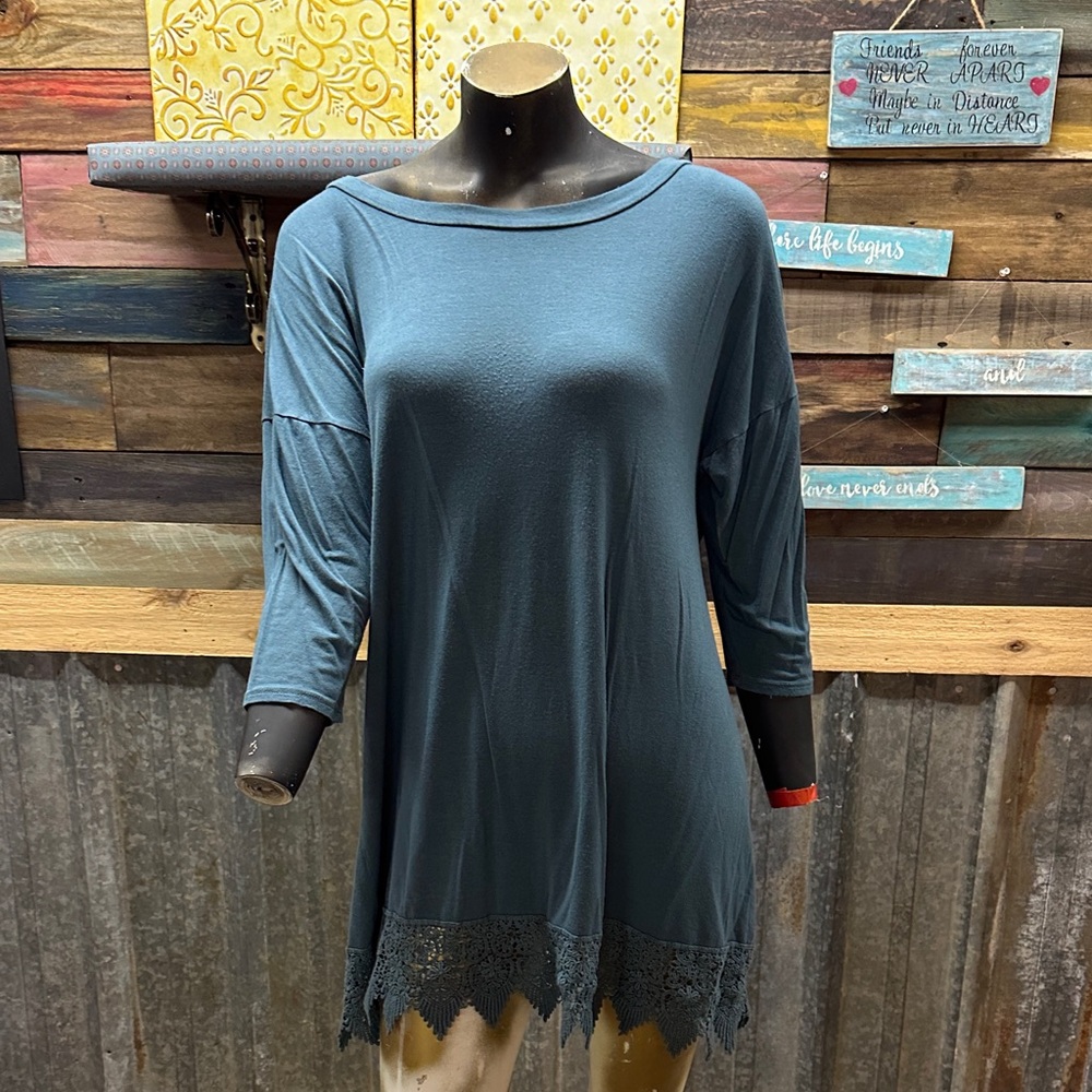 Emerald Teal Crochet-Hem Tunic with 3/4 Sleeves